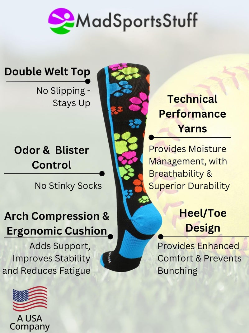 MadSportsStuff Crazy Socks with Paws Over the Calf (Multi-Neon/Black, Small) - Image 3